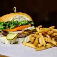 Creekburger · Half pound burger with lettuce, tomato, pickle, onion, mustard, mayo and your choice of Amer...