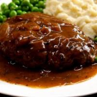 Salisbury Steak Dinner · Salisbury Steak smothered in brown gravy served with rice and beans