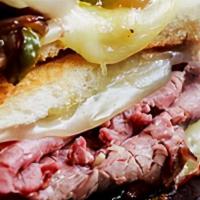 Bbq Roast Beef · Grilled roast beef, melted provolone, grilled onions and bbq sauce.