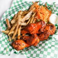 Hot Wings (6 Pcs) · Buffalo wings, fries, and salad on the side.