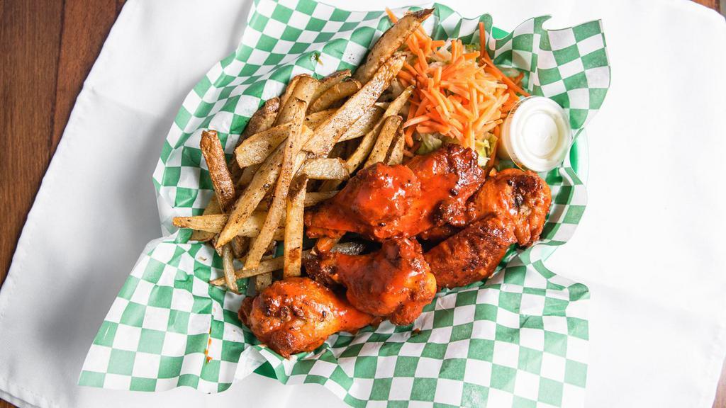 Hot Wings (6 Pcs) · Buffalo wings, fries, and salad on the side.