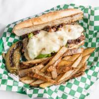 Philly Sandwich · Bell peppers, onions and white melted cheese and fries on the side.