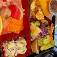 Sashimi Bento Box · Served with 3 pieces of gyoza, 4 pieces of california roll, 2 shrimp tempuras, house salad, ...