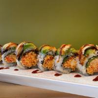 Fire Dragon Roll · Baked. Spicy Crabmeat, Cream Cheese, Jalapeno, topped with Baked Eel, Avocado , Spicy powder...