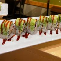 Green Dragon Roll · Baked. Shrimp Tempura, Crabmeat, Cucumber, Topped With Sliced Avocado (Eel Sauce)