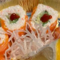 Rockwall Roll · Crabmeat, Avocado, Cucumber Topped with Fresh Salmon <Soy Paper> (Sriracha, Ponzu) 8 pcs