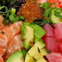 Genki Poke Bowl · salmon, tuna, kani kama, shoyu vinaigrette, ikura, avocado, cucumber, tomatoes, red cabbage,...