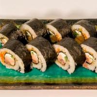 Tiger Eye Roll · Sushi Grade Salmon, Cream Cheese, Jalapeno, Masago, Sesame Seeds, Nori, Sushi Rice