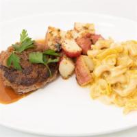Salisbury Steak Plate · 6 oz salisbury steak, french onion jus, roasted potatoes, “mac” & cheese