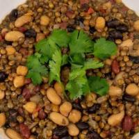 Costa Rican 5 Bean Stew (Vegan) · green lentil, black beans, red kidney beans, white beans, garbanzo beans, cilantro, onion, g...
