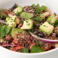 Quinoa & Beans (Vegan) · quinoa, black bean, garbanzo bean, kidney bean, avocado, cherry tomato, cilantro, lemon zest...