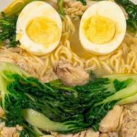 Chicken Mami Soup · chicken noodle soup, bok choy, egg, ginger, spinach, chili