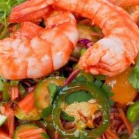 Michelada Poke Bowl · 2 large shrimp, 2 kani kama, michelada sauce, avocado, red cabbage, cucumber, tomatoes, jala...