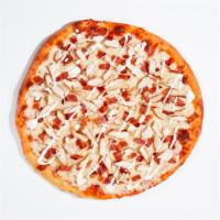 Chicken Bacon Ranch Pizza · White pizza, mozzarella, chicken, turkey bacon, and ranch. That's a freaking good pizza.