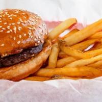 Burger · 1./4 pound burger, served plain.  Top it anyway you like.  Served with Fries, Cookie and a S...