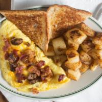 Three Meat Omelet · Grilled chicken, grilled steak, and bacon. served with roasted potatoes and wheat toast.
