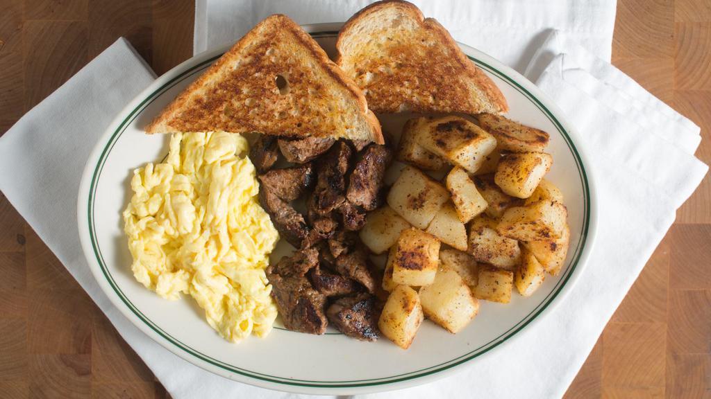Steak & Eggs · grilled steak, two eggs, roasted potatoes, and wheat toast.