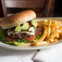 Ranchero Burger · Topped with swiss-american cheese, roasted peppers and onions, With chipotle mayo and fresh ...