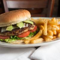 Salmon Burger · Home-made patty chipotle mayo, fresh lettuce, tomato, swiss american cheese, and avocado.