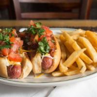 Angus Beef Mexidogs · Grilled hot dog sausages, bacon bits, grilled onions, diced tomato, mustard, mayo, cilantro ...
