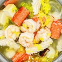 Seafood Clay Hot Pot 海鲜砂锅 · Shrimp, Squid Tube, Fish Cake Tofu, Imitation Crab Meat Stick, Quail Eggs, Cabbage, Mushroom...