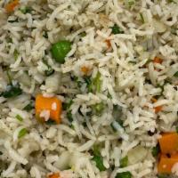 Mumbai Chili Fried Rice · Basmati rice, carrot, green peas, scallion, cilantro, black pepper.