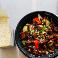 Mongolian Beef 	 · Green and red bell pepper, onion, Mongolian sauce.