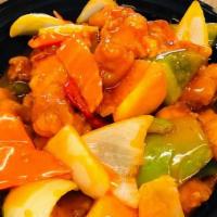 Orange Chicken · Batter fried chicken, bell peppers, onion, orange with orange sauce.