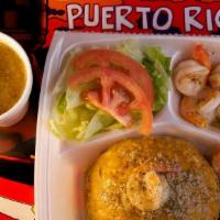 Camarones Al Ajillo, Mofongo Y Ensalada Plate · Shrimp in garlic sauce with mashed fried green plantain.