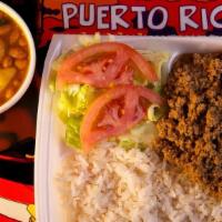 Picadillo De Carne Molida, Arroz And Habichuelas Plate · Ground beef with rice, beans and salad.