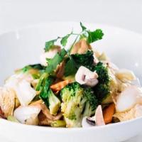 Asian Vegetable Stir Fry · Broccoli, bok choy, mushroom, snap pea, carrot, scallions, white onion, bamboo shoot, cabbag...