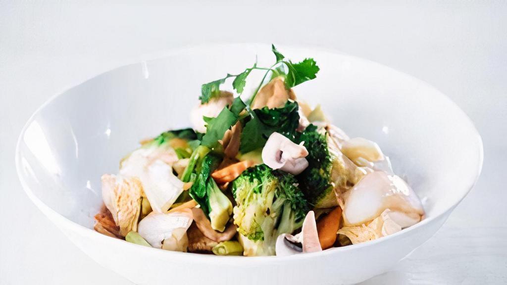 Asian Vegetable Stir Fry · Broccoli, bok choy, mushroom, snap pea, carrot, scallions, white onion, bamboo shoot, cabbage, so healthy.