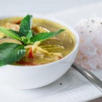 Green Curry · Spicy. Spicy green curry, coconut milk, Japanese purple eggplant, bamboo shoot, Thai basil, ...