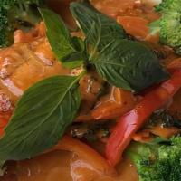 Grilled Salmon Curry · Red curry, broccoli, Thai basil, red bell pepper.