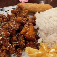 Sesame Chicken · Touch fried white and dark meat chicken, green onion, in a spicy sesame sauce.