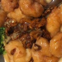 Mencius Shrimp · Lightly breaded shrimp with honey and walnuts sautéed with creamy and light oriental lichi f...