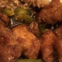 General Tso Chicken · Spicy. Breaded white meat chicken chunk sautéed with chef's sauce, jalapeño. Sweet and spicy.