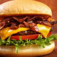 House Burger · Seven oz burger with bacon, American cheese, mustard and mayo on a toasted brioche bun. Lett...
