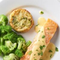 Salmon Fillet Plate · Delicious, Fresh ASC Certified Salmon (4.3 oz.) Served with Hollandaise Sauce, a Vegetable M...