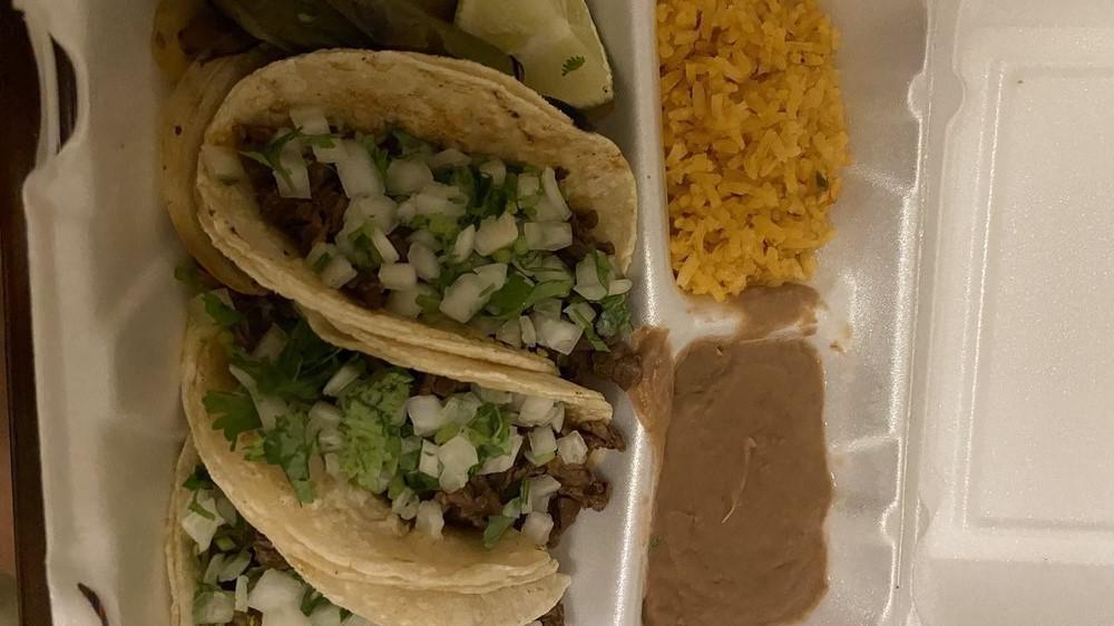 Taco Special · 3 Corn tacos any meat choice, rice, beans, and 16 oz soda.
