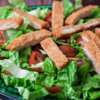 Posh Crispy Chicken Salad · Hand-breaded chicken tossed in our buffalo sauce, romaine lettuce, tomatoes, red onions, che...