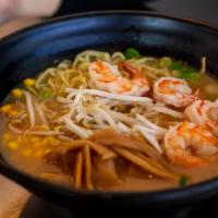 Shrimp Ramen · Miso based broth with shrimp, menma, sweet corn, bean sprouts, green onion, kizami nori