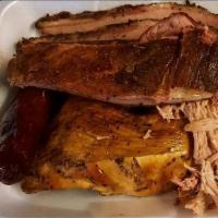 All In Sampler · Comes with a sample of Brisket, Ribs, Pulled Pork, Sausage, and Chicken