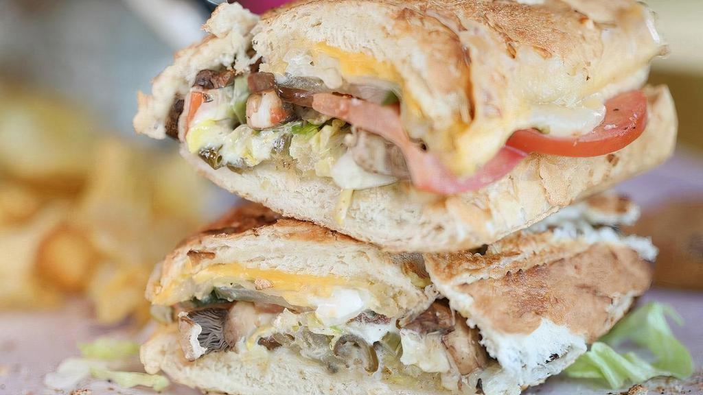 Cheese & Mushroom (American, Swiss & Provolone Cheese) · Served with ALL TOPPINGS:. Mayo, Mustard, Hot Peppers, Onion, Lettuce, Tomato, Pickle, Seasoning & Oil