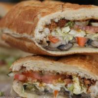 Portobello & Provolone Cheese · Served with ALL TOPPINGS: . Mayo, Mustard, Hot Peppers, Onion, Lettuce, Tomato, Pickle, Seas...