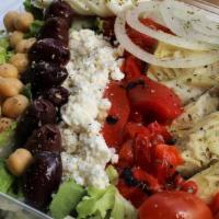 Greek Salad · Artichoke Hearts, Garbanzo Beans, Roasted Red Peppers & Feta Cheese, w/ Kalamata Olives, Pep...