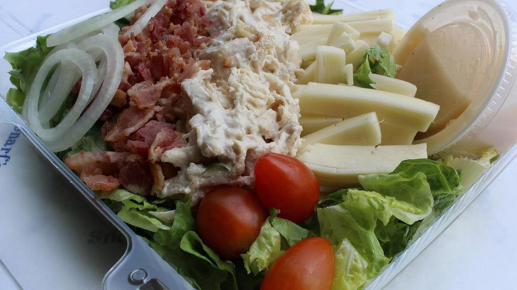 Chicken Salad · Chicken Salad & Provolone Cheese, w/ Grape Tomatoes, Hard-Boiled Egg, Onion and Bacon Bits on a bed of Lettuce