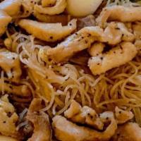 Pancit Guisado · Stir fry bihon noodles with vegetables & chicken.