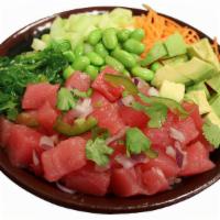 Ahi Tuna Bowl · Tuna, avocado, carrots, cucumber, edamame, seaweed salad, jalapeno, cilantro, furikake with ...