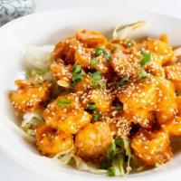 Firecracker Shrimp · Crispy shrimp, lettuce, green onion, sesame seeds, sweet, spicy, and creamy Bang Bang Sauce